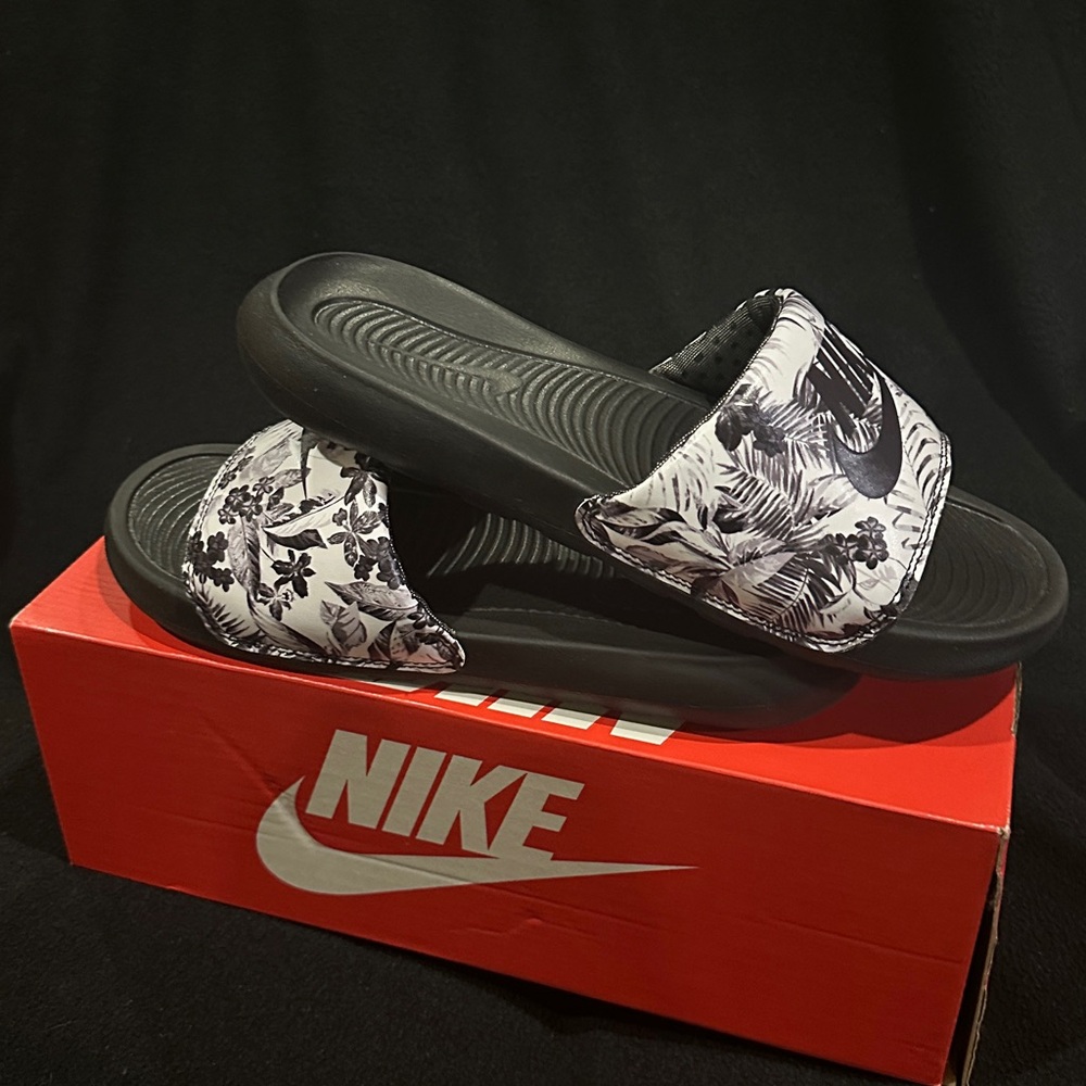 Nike Black and White Floral Slides